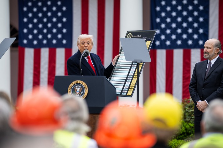 Donald Trump na quarta-feira, 2, no evento em que anunciou a elevação das tarifas de importação dos EUA
